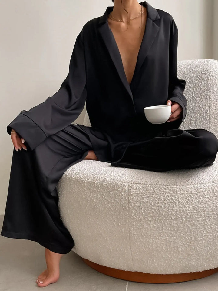 Buttoned Long-Sleeve Top & Wide-Leg Pants Lounge Set — Black