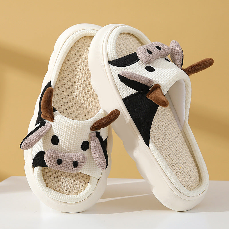 Cartoon Cow Frog Slippers | Linen Non-Slip Breathable Indoor Garden Shoes