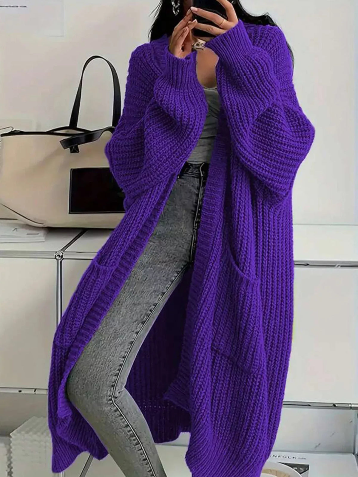 Oversized Openwork Longline Cardigan with Pockets — photo 36