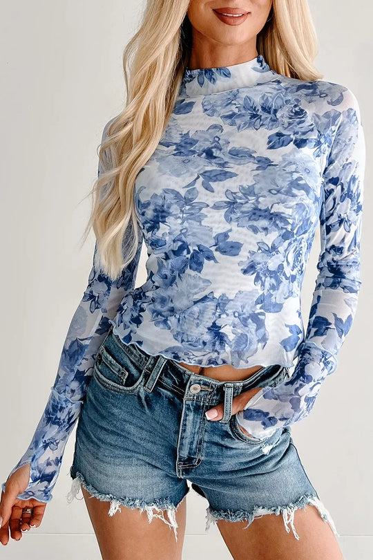 Another view: Floral Stand-Neck Mesh Top — Light Blue