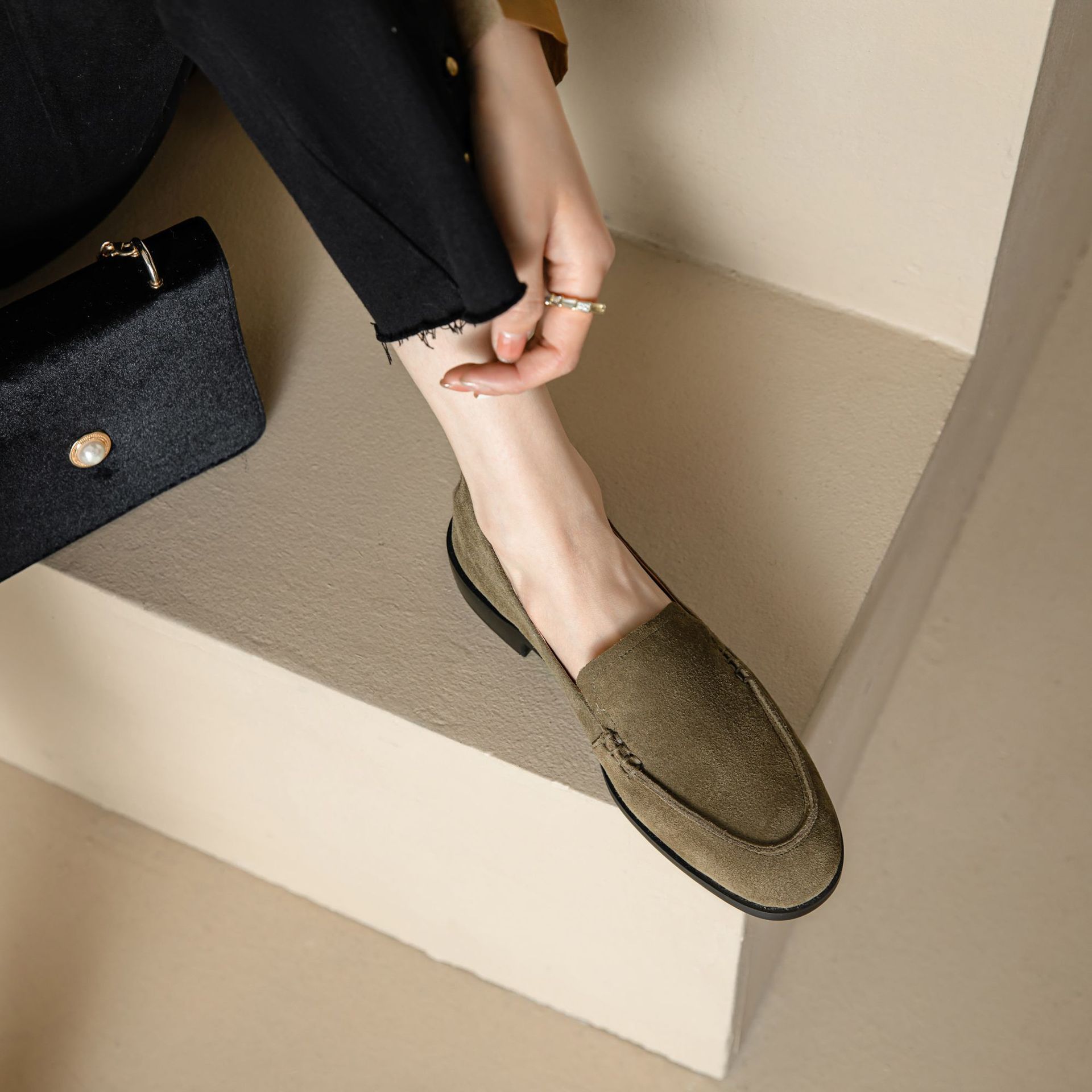 Women's Slip-On Suede Flats | Chunky Low Heel Round Toe Shoes | Army Green & Apricot