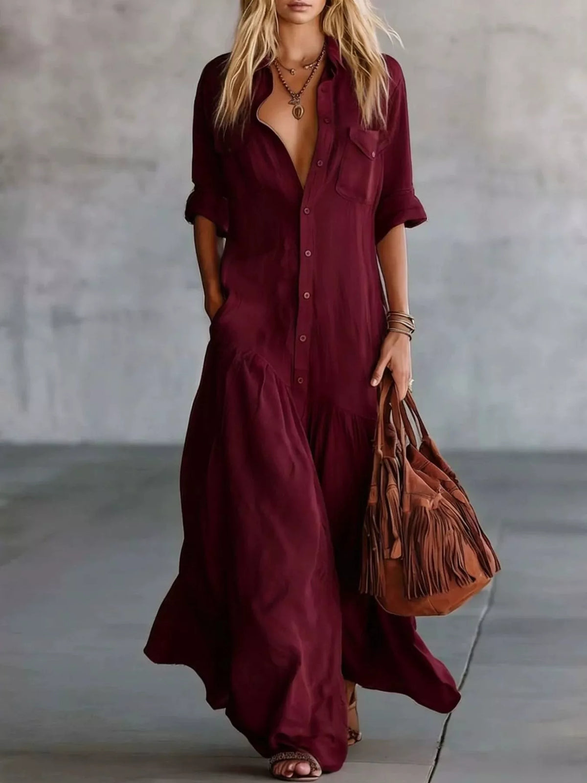 Button-Front Roll-Sleeve Maxi Dress