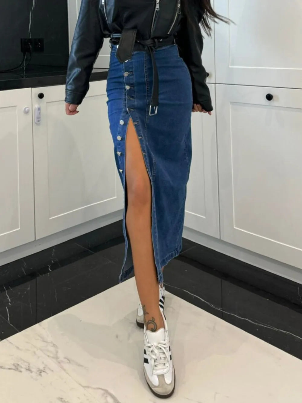 Women's Front-Button Slit Midi Denim Skirt