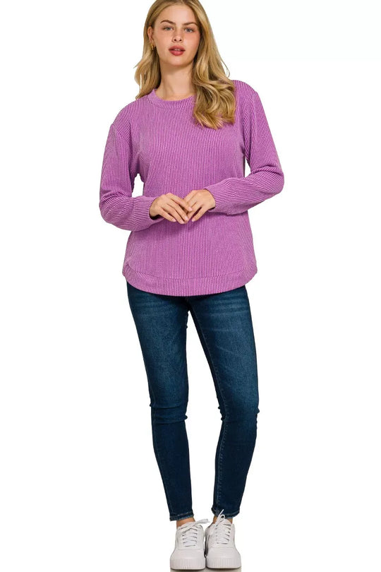 Another view: Curve Raised Rib Round Neck Long Sleeve Top — Lt Plum