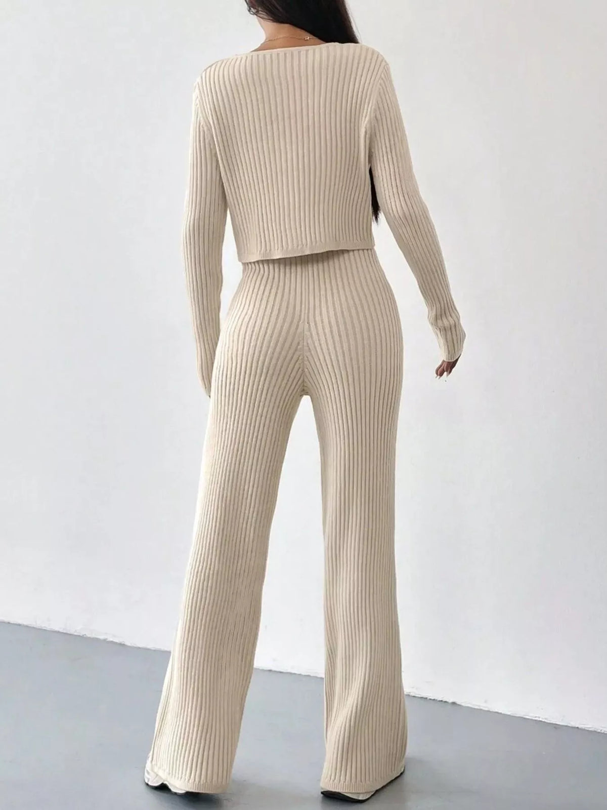 Ribbed-Knit Button-Up Top & Pants Set