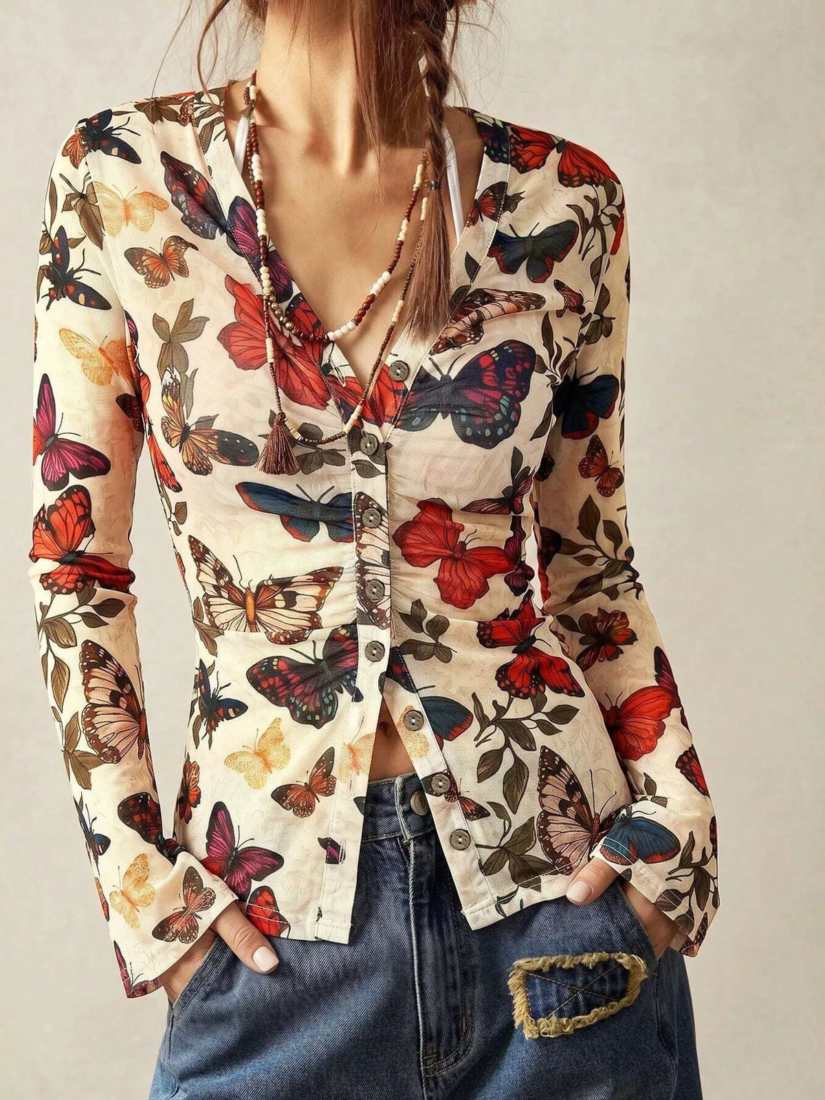 Butterfly Print V-Neck Button-Down Blouse