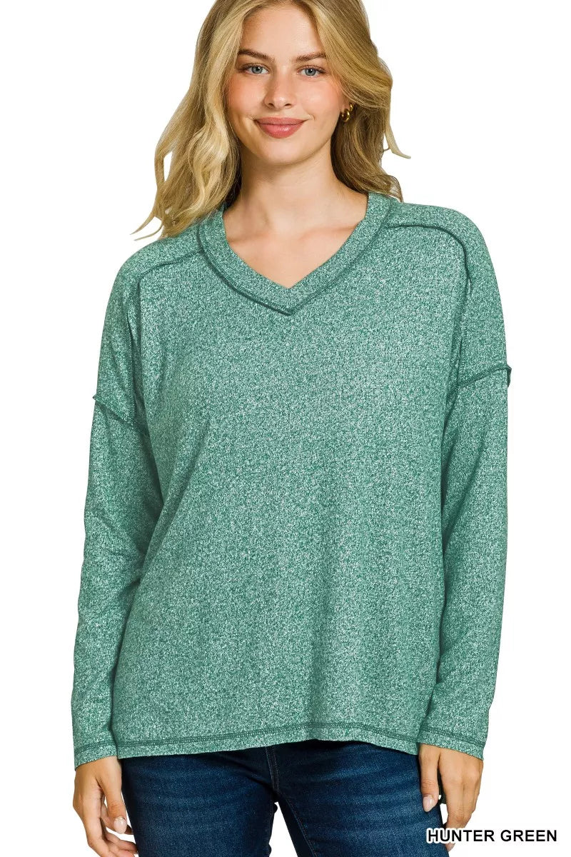 Soft Melange Hacci Exposed Seam High-Low Tee — Hunter Green