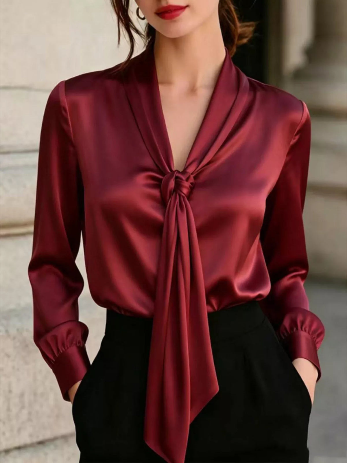 Front-Tie Satin Blouse