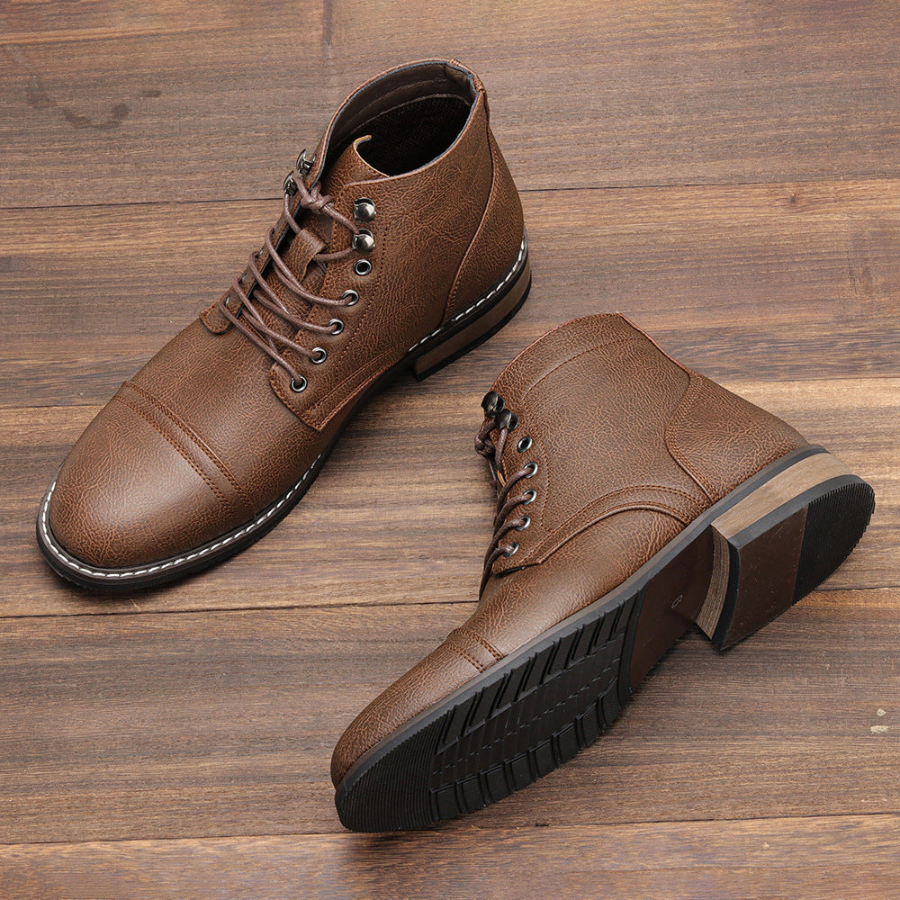 Men's Vintage Casual Leather Boots – Mid-Calf Wedge Heel, Rubber Sole, Stitched Paneling
