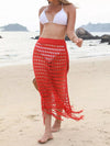 Fringe-trim openwork split swim cover-up skirt