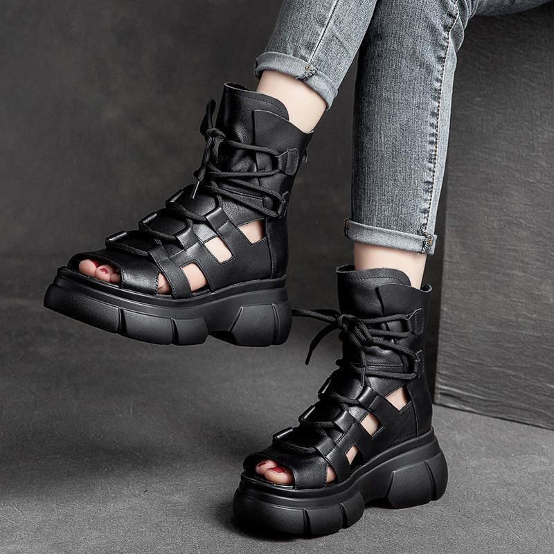Women's Roman Gladiator Sandal Boots | Open Toe Buckle Hollowed-Out Design | Black Brown