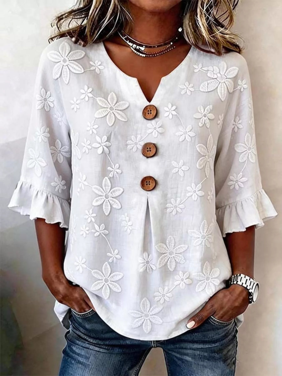 White Floral Button-Detail 3/4-Sleeve Blouse