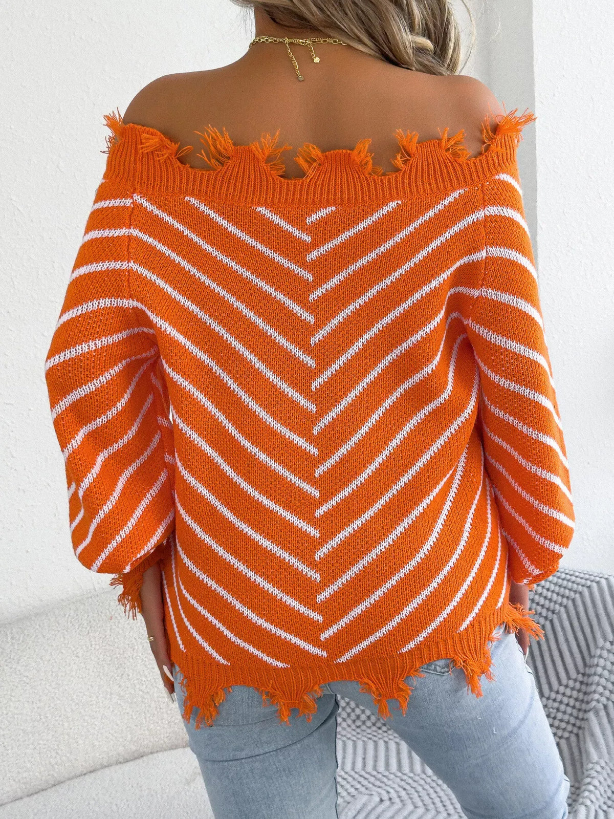 Women's Distressed Off-Shoulder Striped Sweater — photo 18