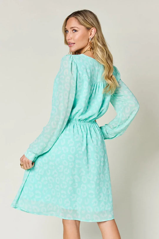 Another view: Printed Ruched V-Neck Long-Sleeve Dress — Light Green