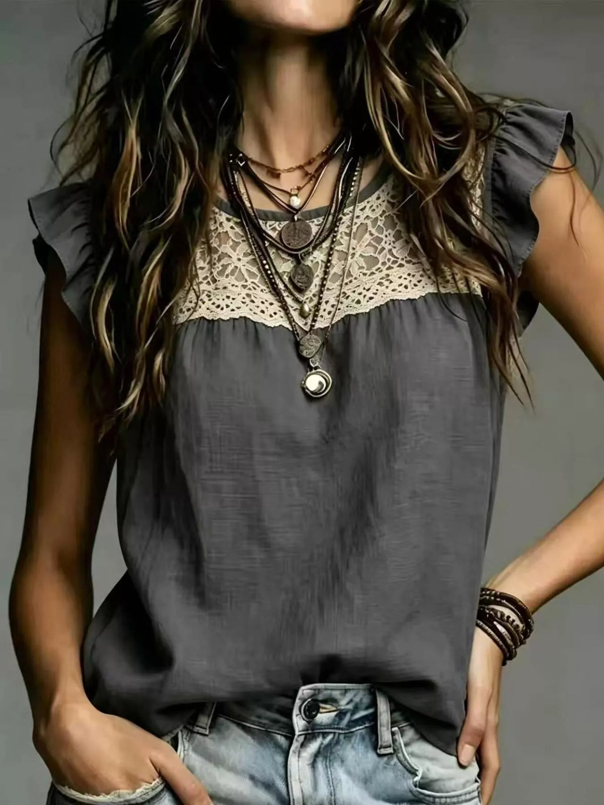 Lace-Trim Ruffle-Sleeve Blouse