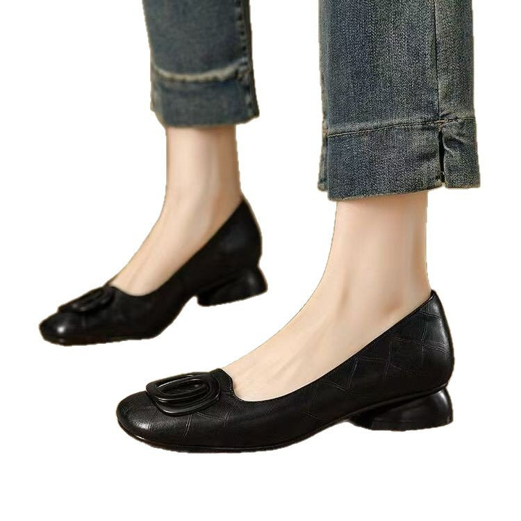 Women's Vintage Round Toe Slip-On Flats | Chunky Low Heel Casual Shoes
