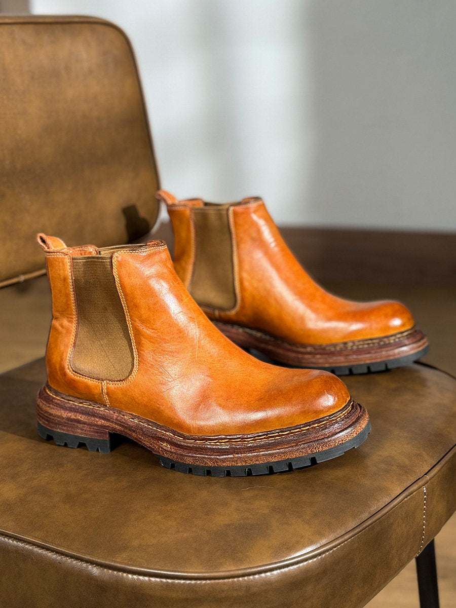 Men's Vintage Carved Leather Boots | Thick Sole Height-Increasing Dr. Martens Style