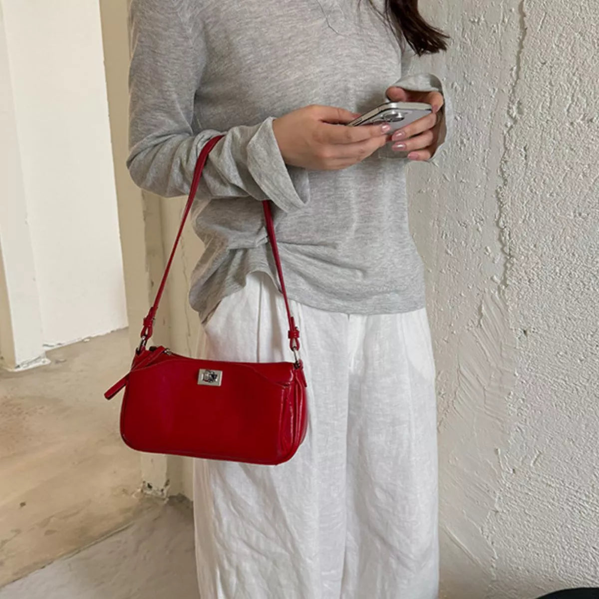 Red Small PU Leather Shoulder Bag