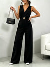 Black belted V-neck wide-leg jumpsuit