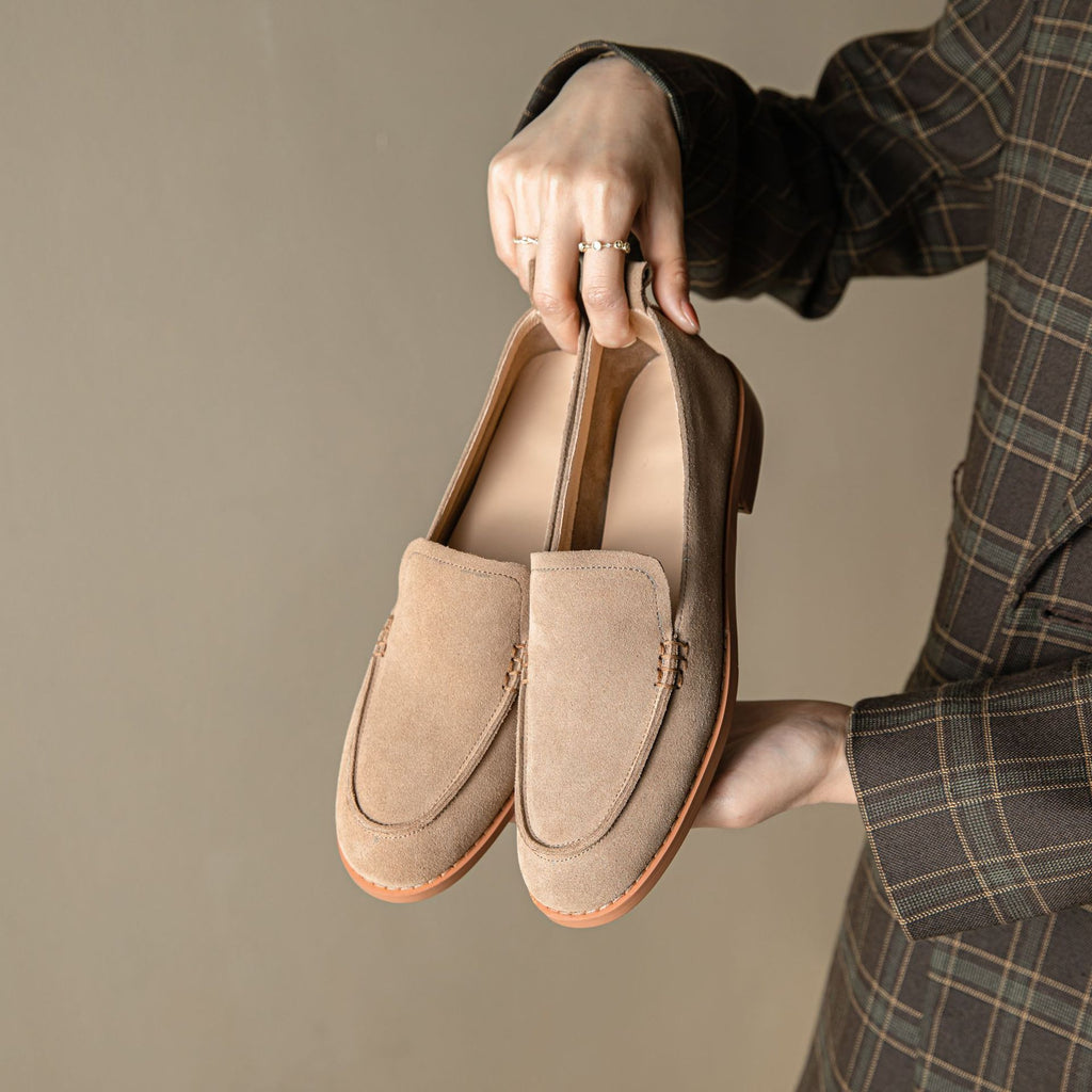 Women's Slip-On Suede Flats | Chunky Low Heel Round Toe Shoes | Army Green & Apricot