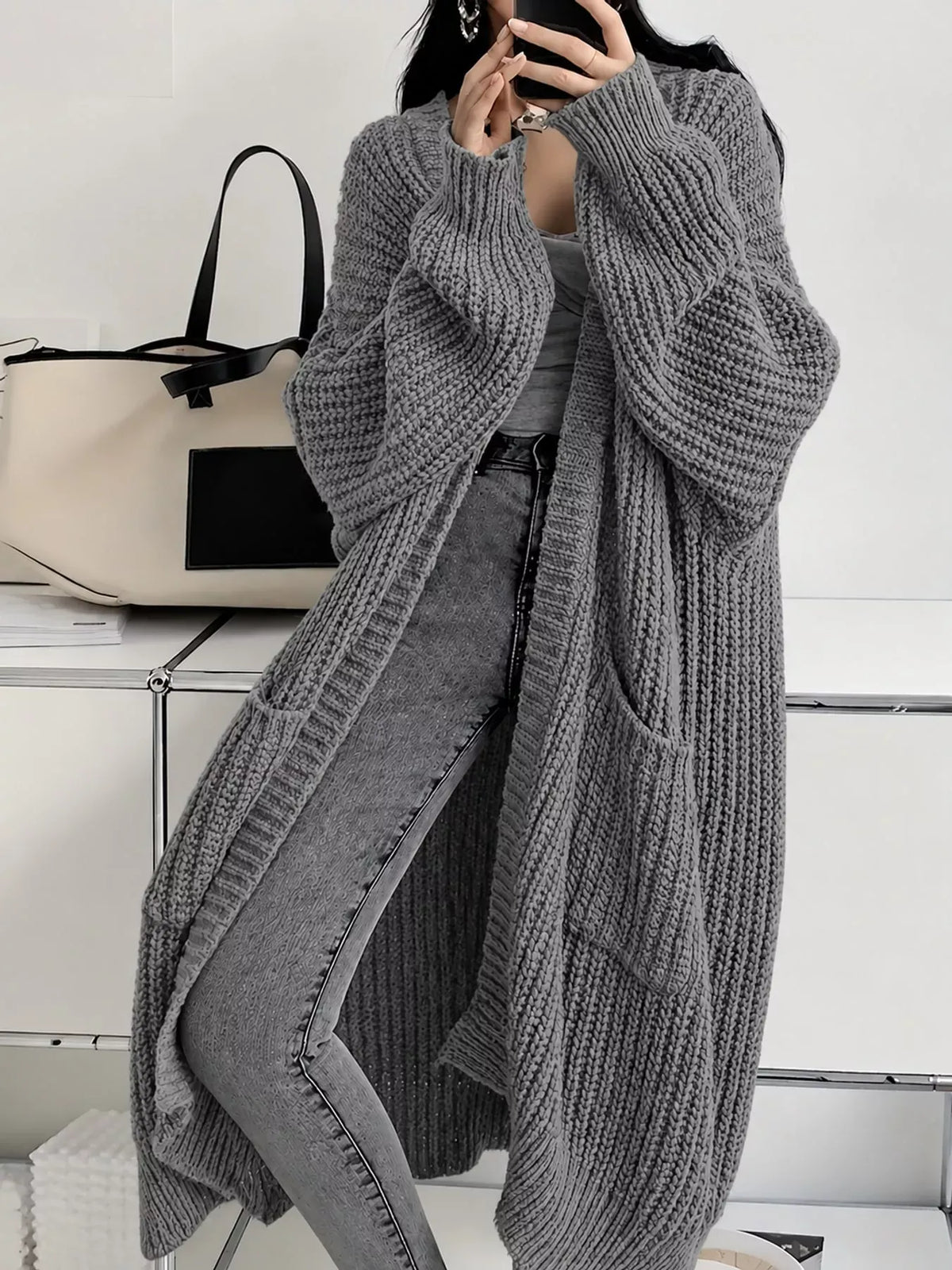 Oversized Openwork Longline Cardigan with Pockets — photo 47