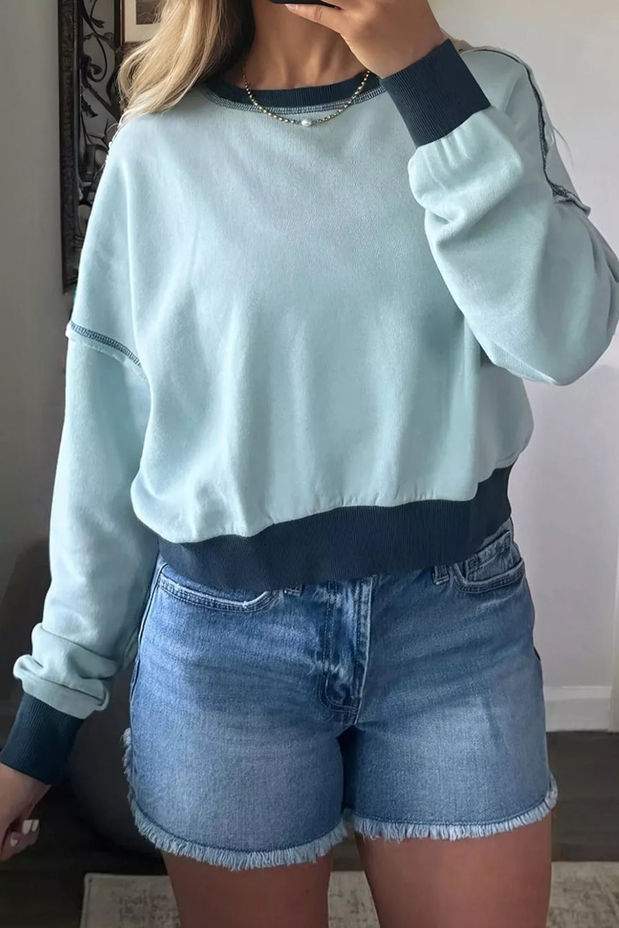 Colorblock Patchwork Cropped Sweatshirt — Pastel Blue