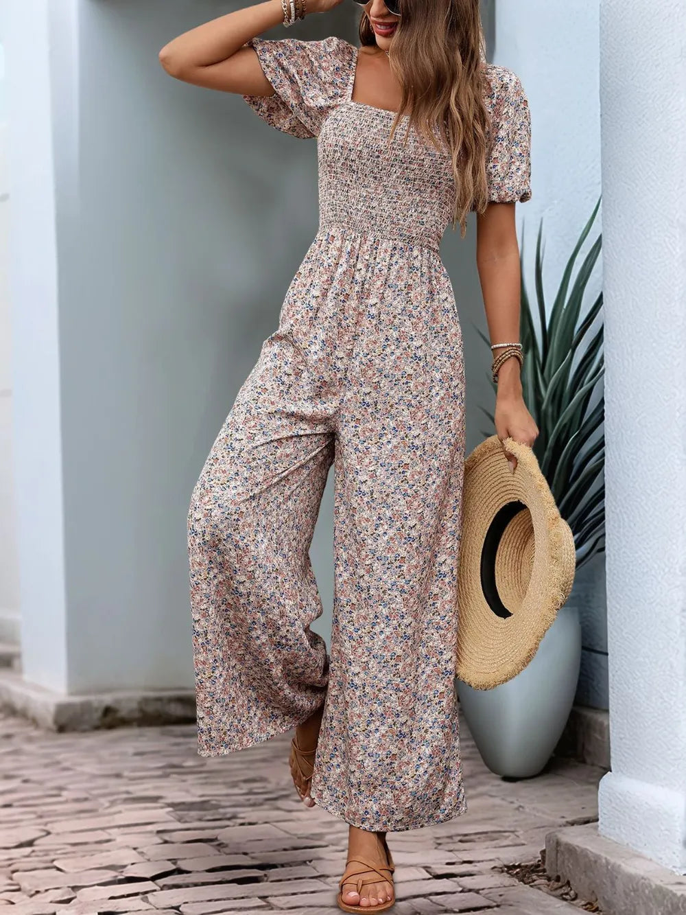 Valentina Ditsy Floral Smocked Square Neck Puff Sleeve Jumpsuit