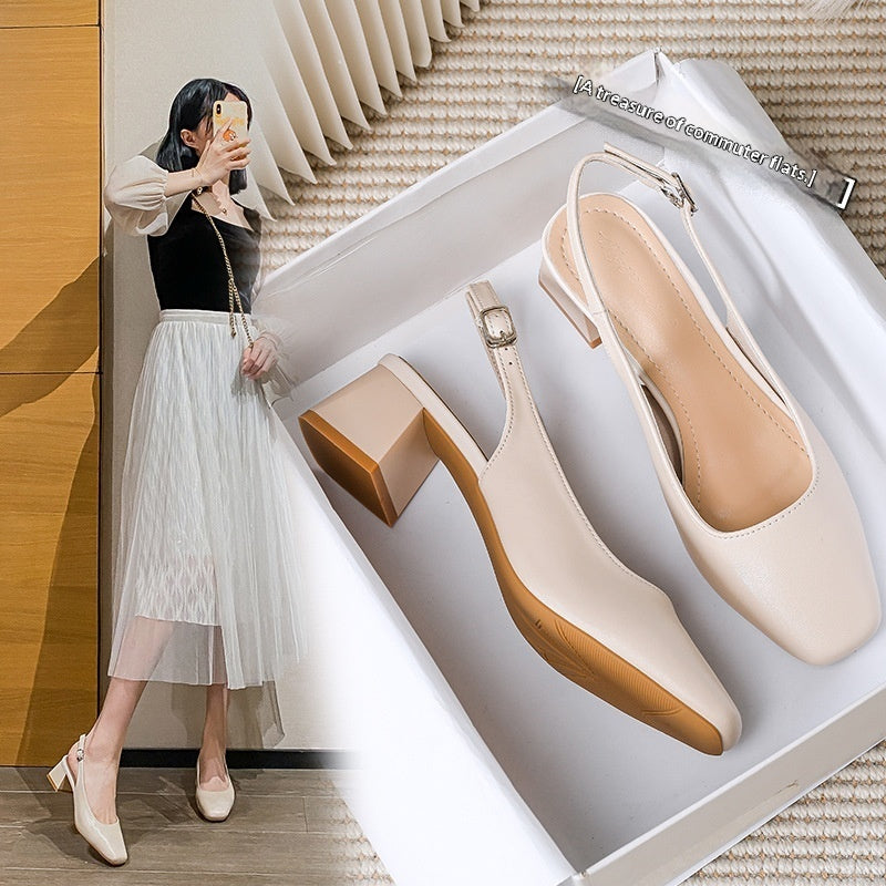 Women's Square Toe Chunky Heel Sandals | Genuine Leather Buckle Closure | Mid Heel Summer Shoes