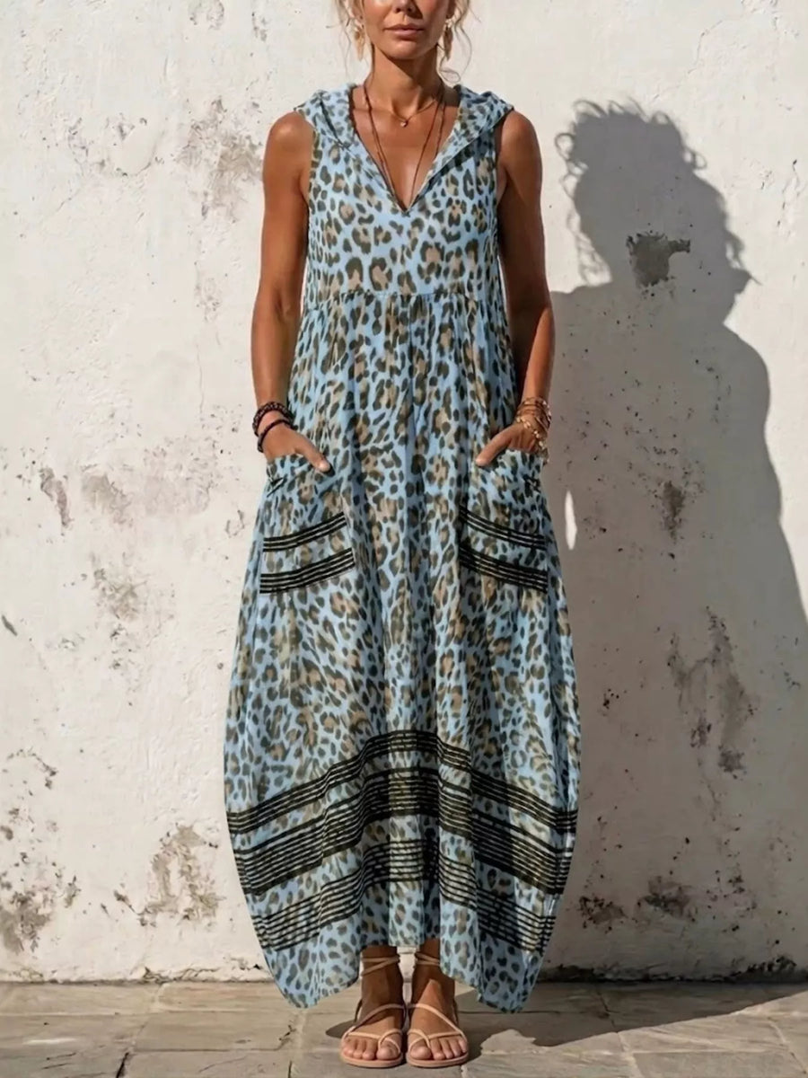 Sleeveless Hooded Leopard Print Maxi Dress with Pockets Plus