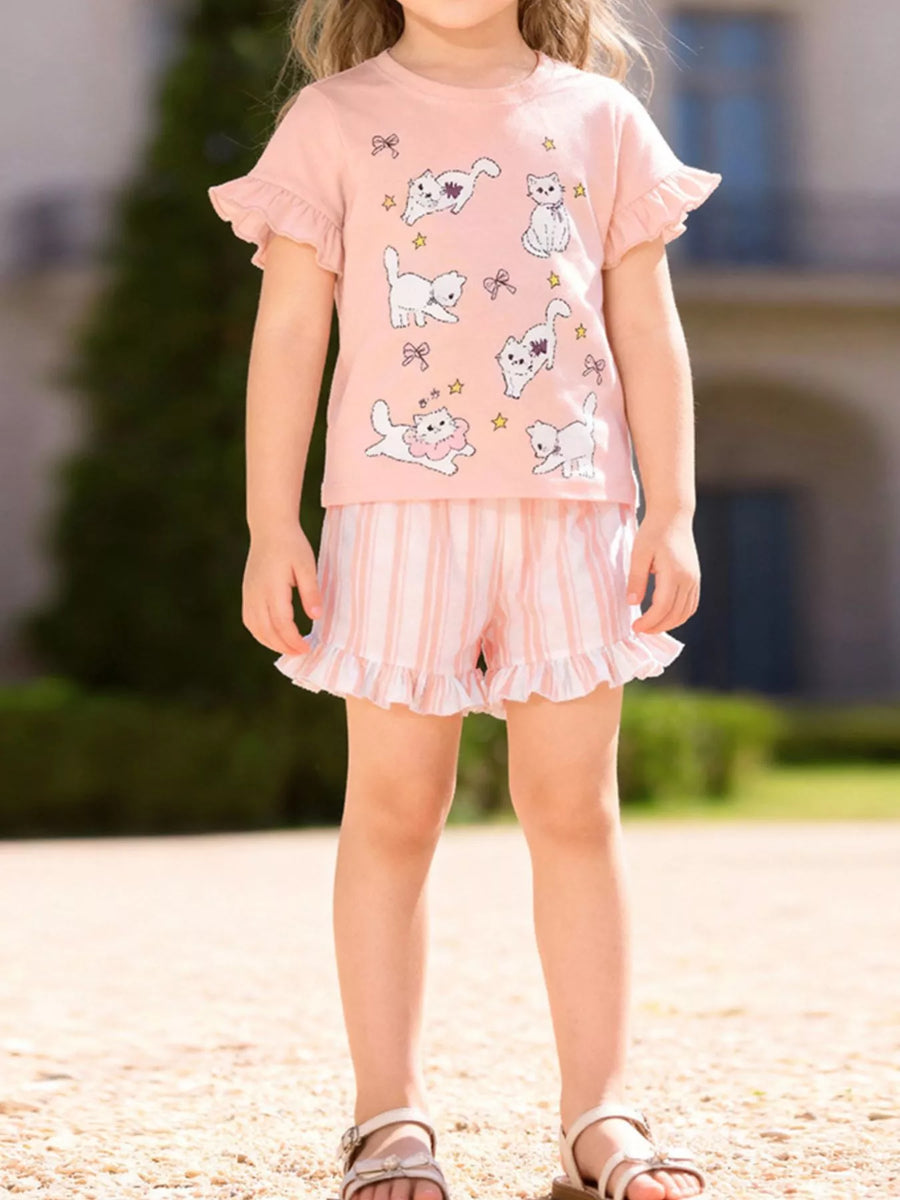 Girls’ Cat T-Shirt & Shorts Set — Watermelon Pink