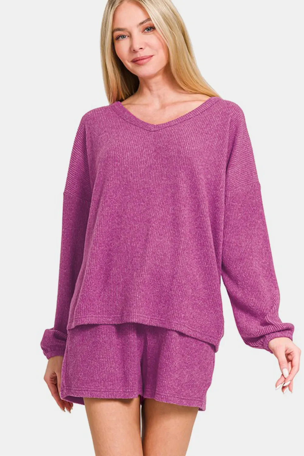 V-Neck Long Sleeve Ribbed Top and Shorts Set — Red-Violet