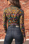 Black abstract-print mesh mock-neck long-sleeve top, alternate view 4