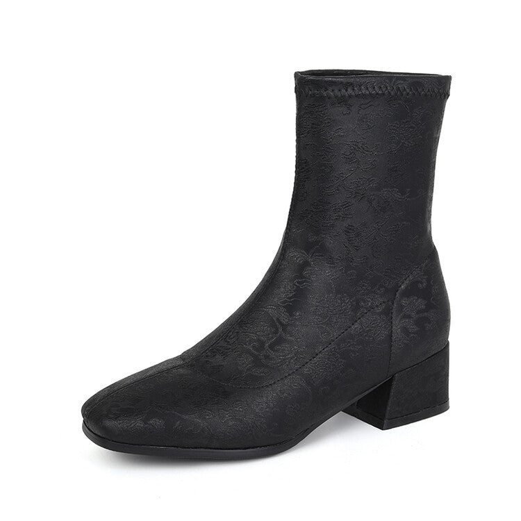Women's Floral Embroidered Chunky Heel Booties | Retro Square Toe Slip-On Ankle Boots
