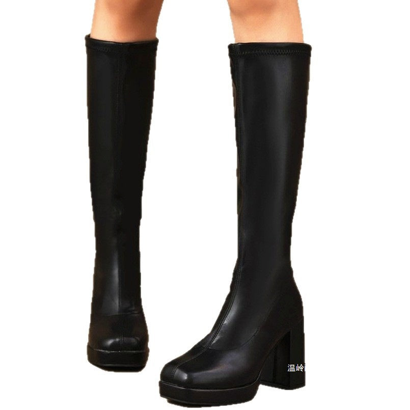 Women's Chunky Heel Leather Boots - High Shaft Round Toe Lace-Up Winter Boots