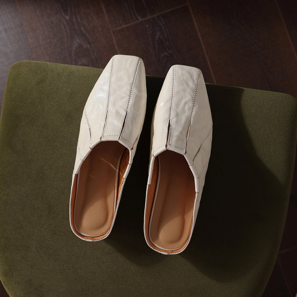 Women's Washed Cowhide Square-Toe Mules | Low Block Heel Backless Shoes