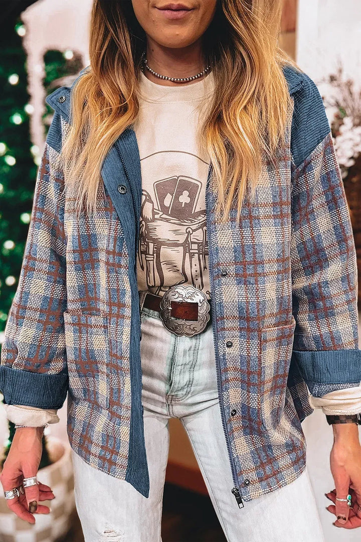 Plaid Corduroy Patchwork Collared Zip-Up Snap Button Jacket