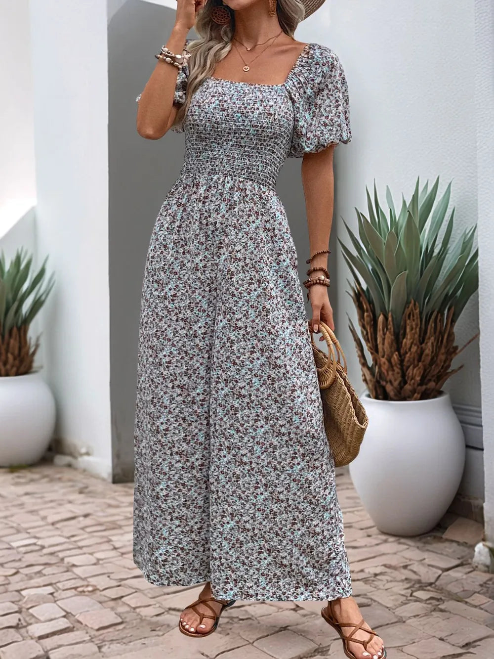 Valentina Ditsy Floral Smocked Square Neck Puff Sleeve Jumpsuit