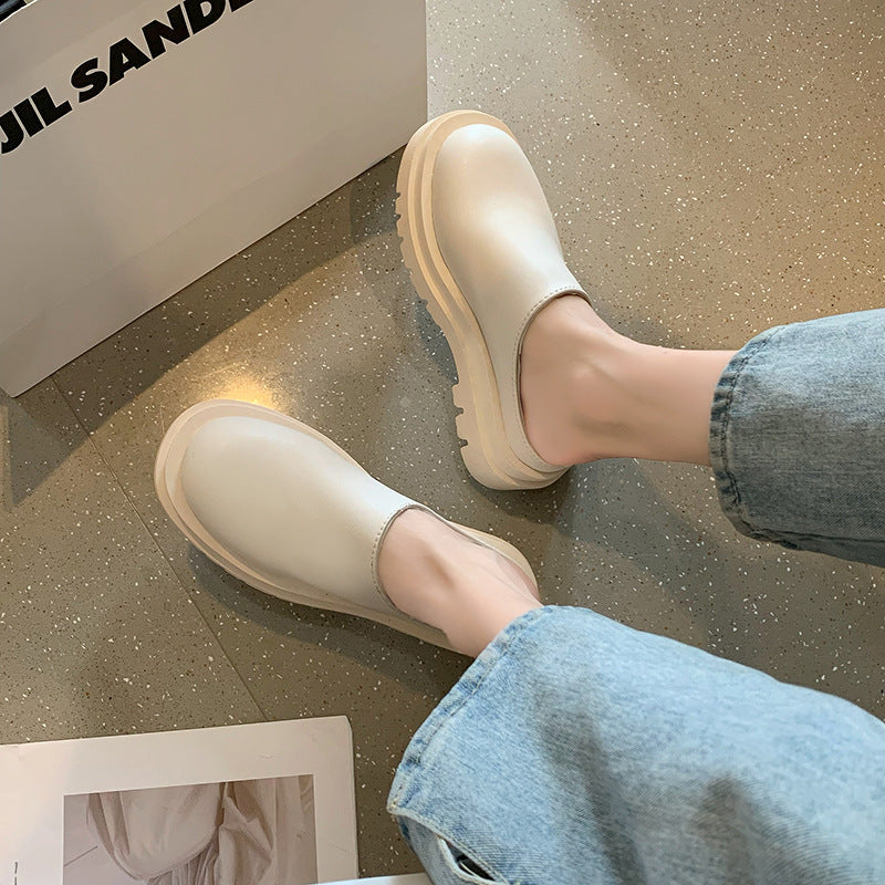 Women's Chunky-Soled Closed-Toe Mules | Round Toe Slip-On Casual Shoes | Beige & Black