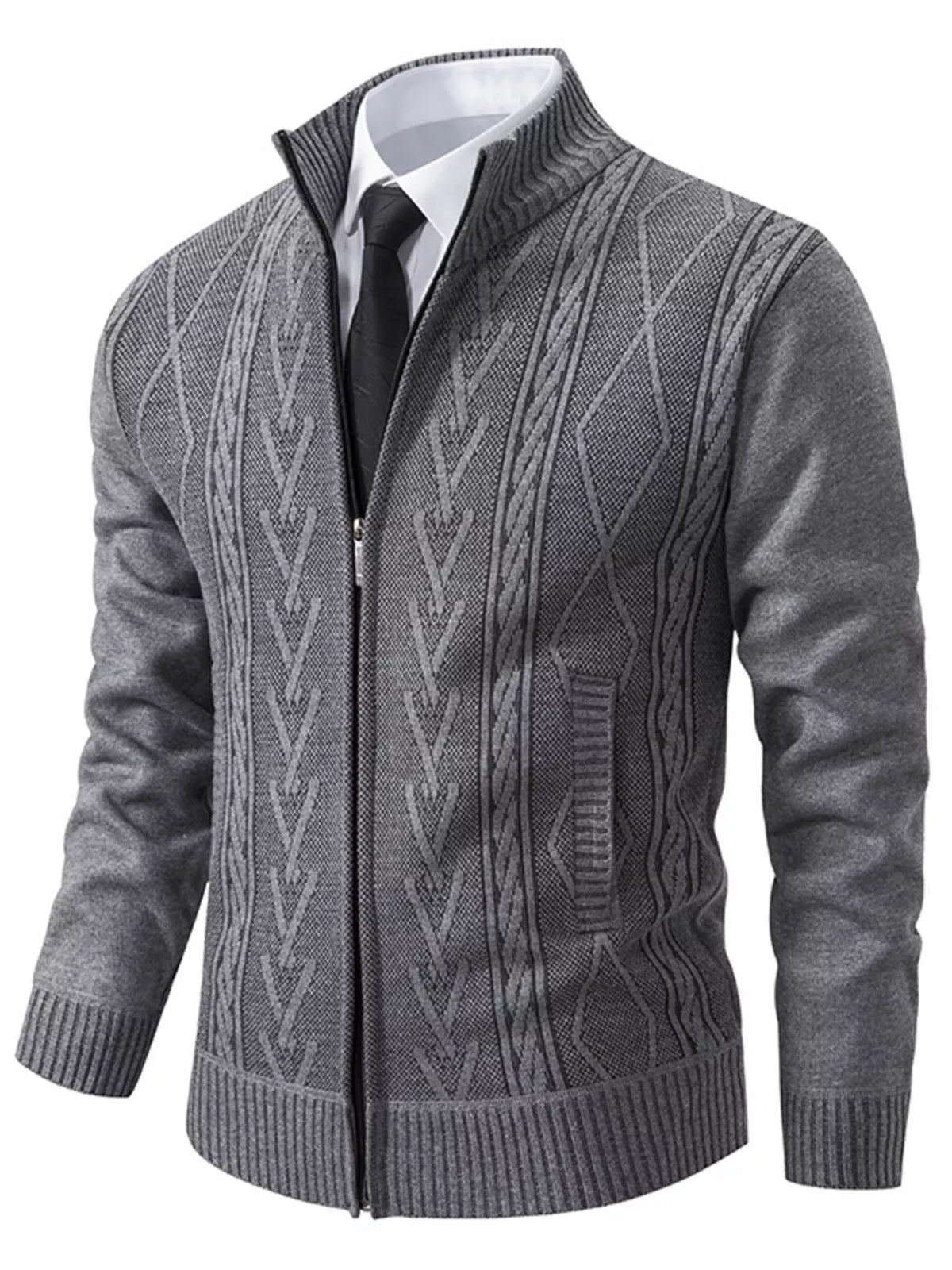Men's Plus Size Stand-Collar Cable-Knit Zip Cardigan