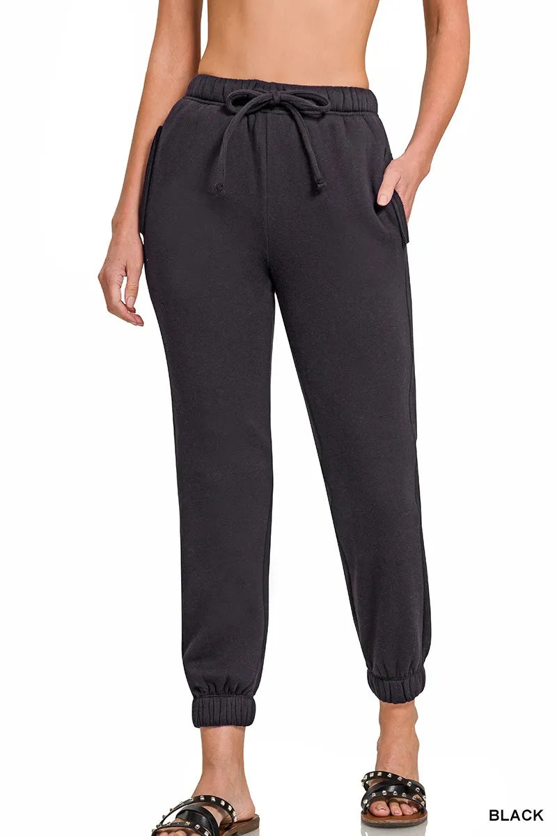 Fleece Drawstring Joggers with Pocket — Black