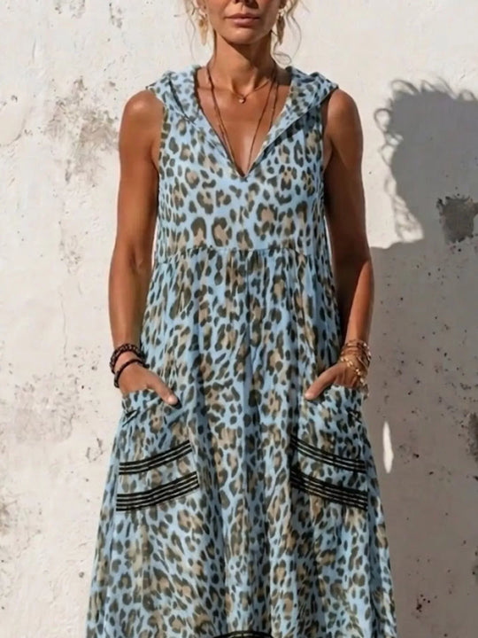 Another view: Sleeveless Hooded Leopard Print Maxi Dress with Pockets Plus