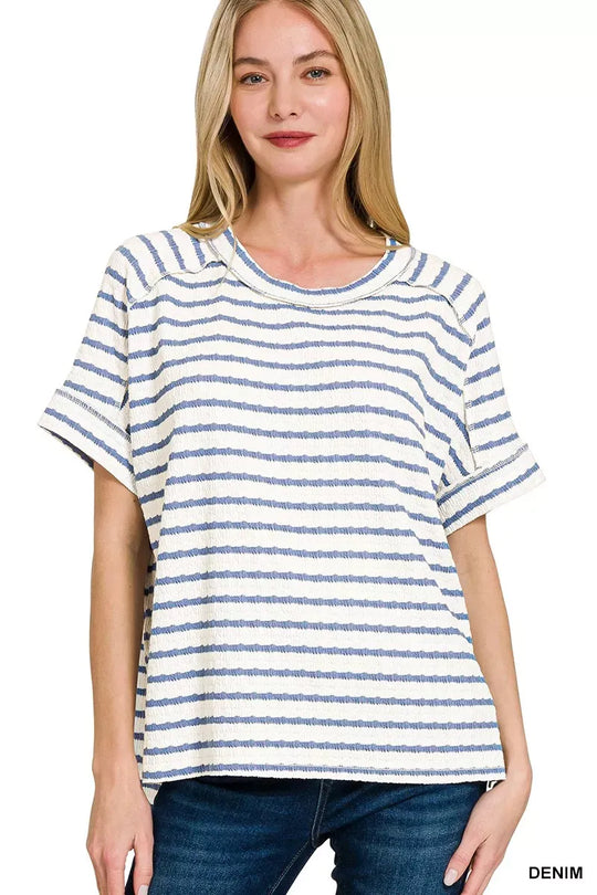 Another view: Stripe Jacquard Round-Meck Tee — Denim