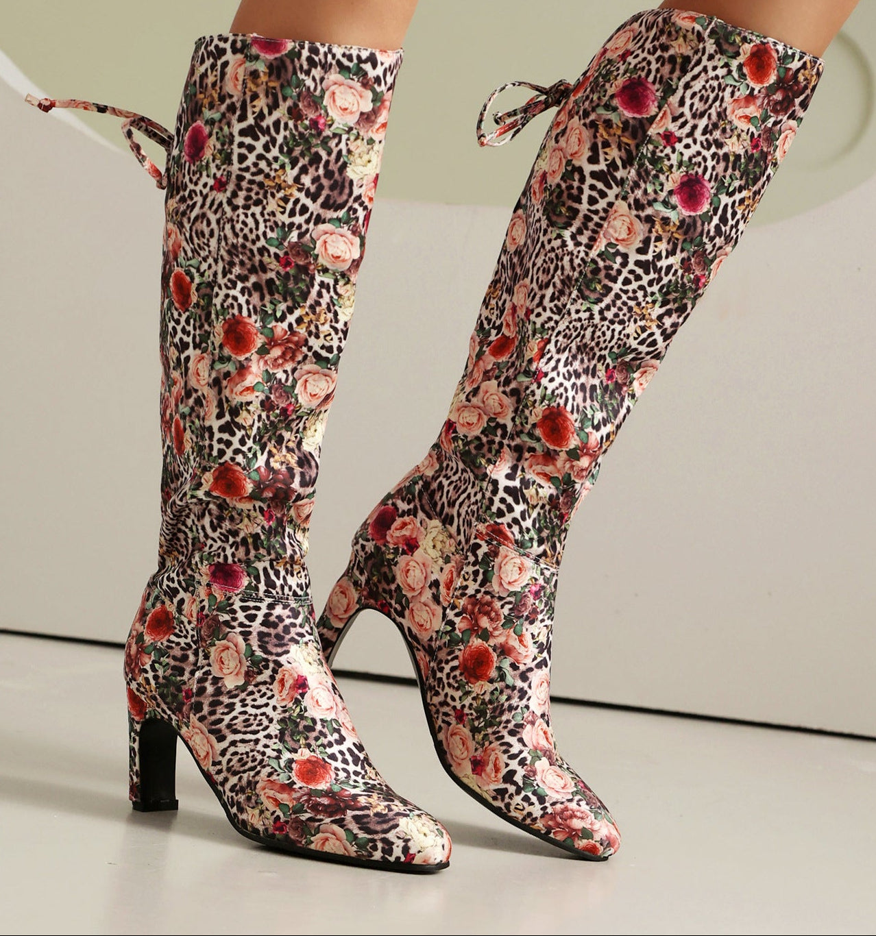 Floral Patchwork Bowknot Over-the-Knee Boots