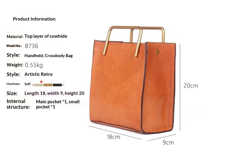 Vintage Full-Grain Leather Crossbody Bag | Small Square Cowhide Handbag for Women
