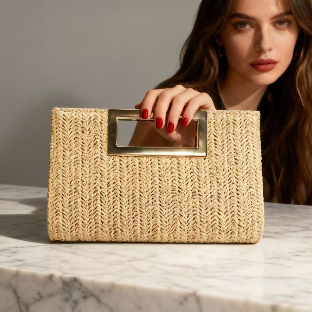 Women's Woven Chain Clutch Bag - Elegant Evening Handbag with Metal Accents