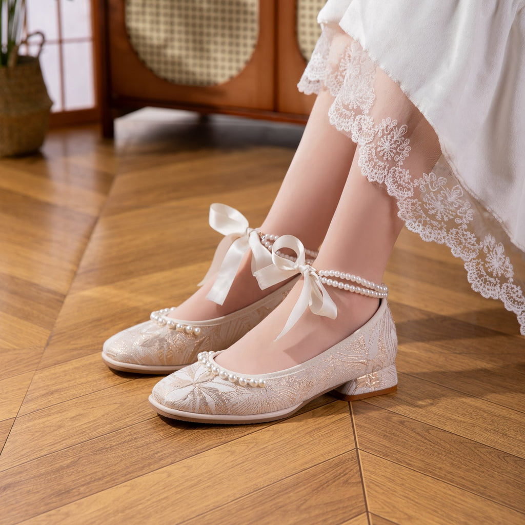 Women's Jacquard Mary Jane Low Heel Shoes | Pearl Ribbon Bow Square Toe Wedding Flats