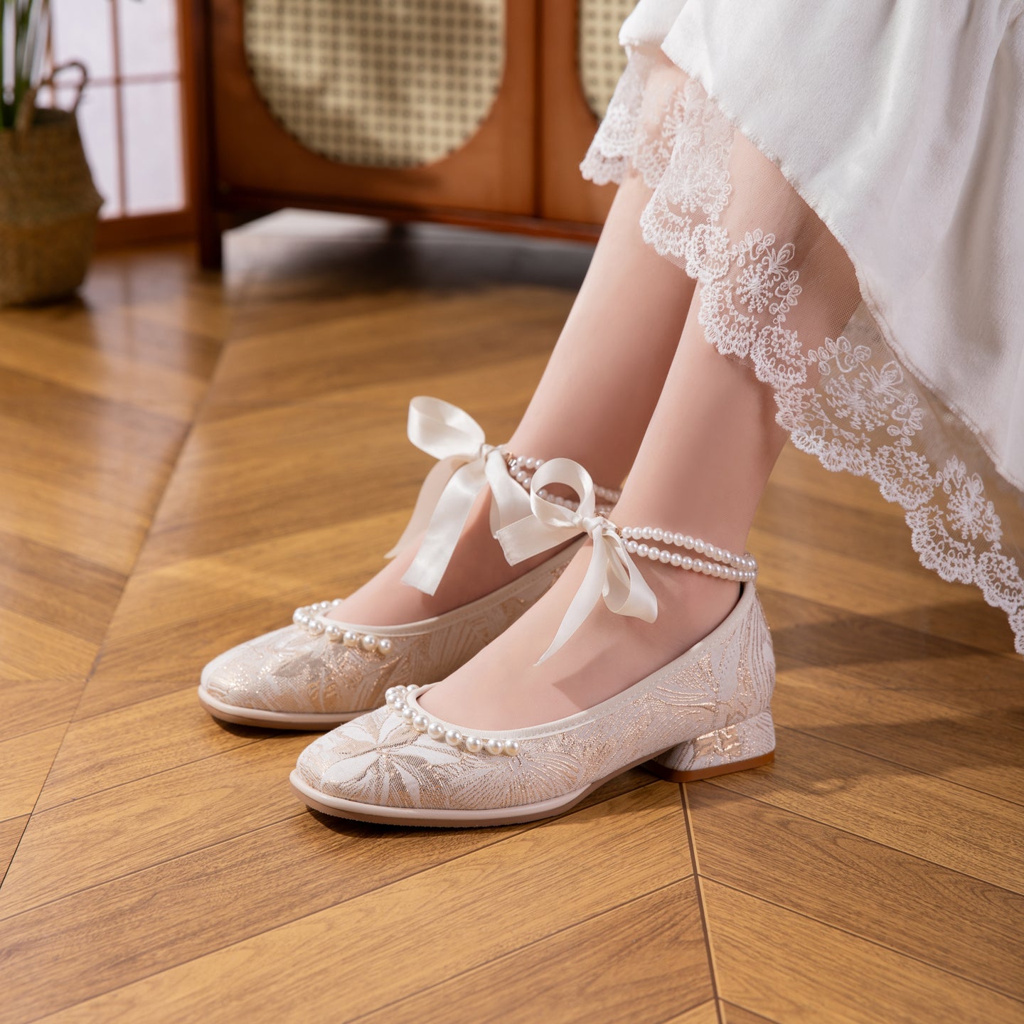 Women's Jacquard Mary Jane Low Heel Shoes | Pearl Ribbon Bow Square Toe Wedding Flats
