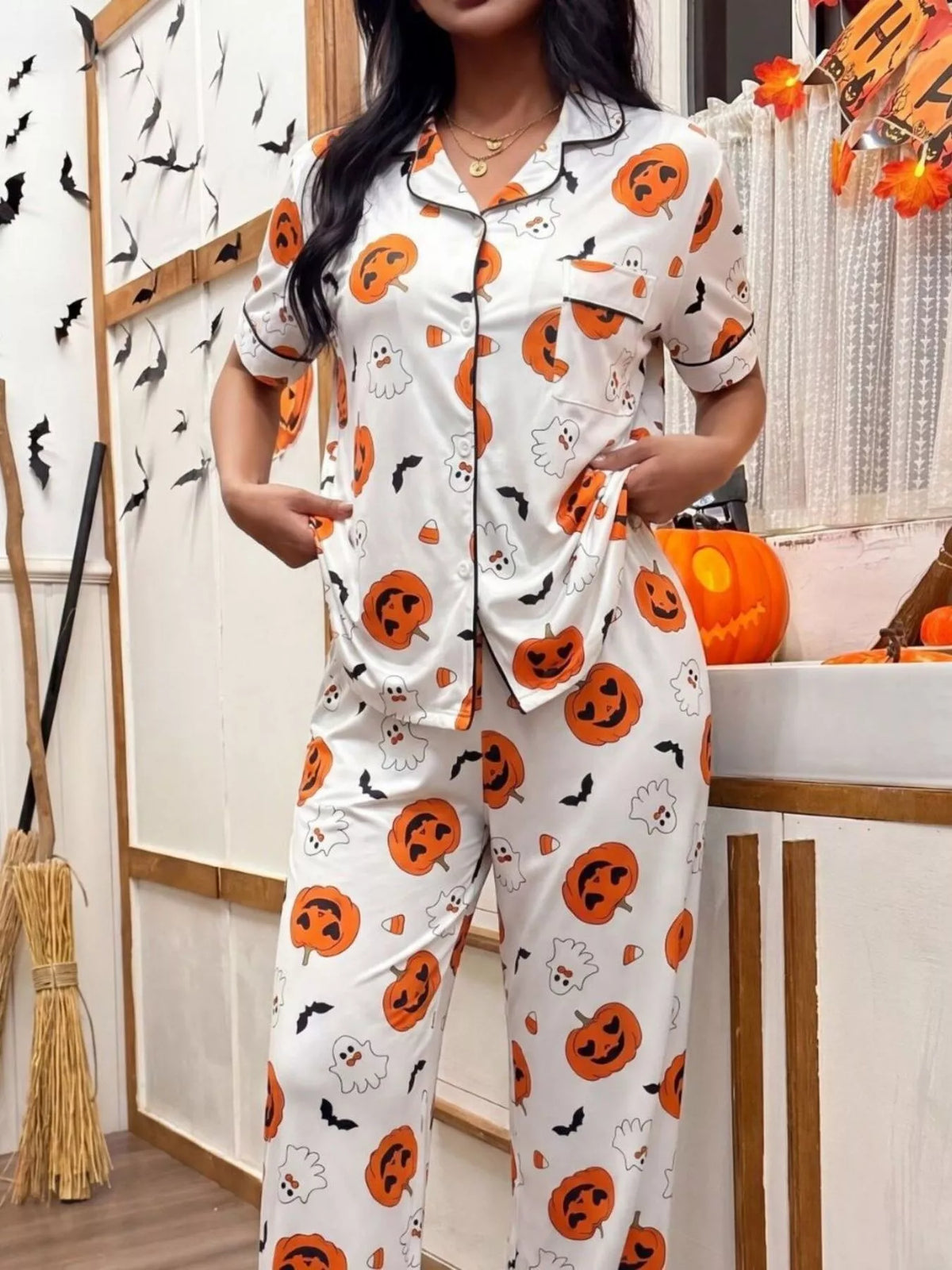Pumpkin Print Button-Down Lounge Set