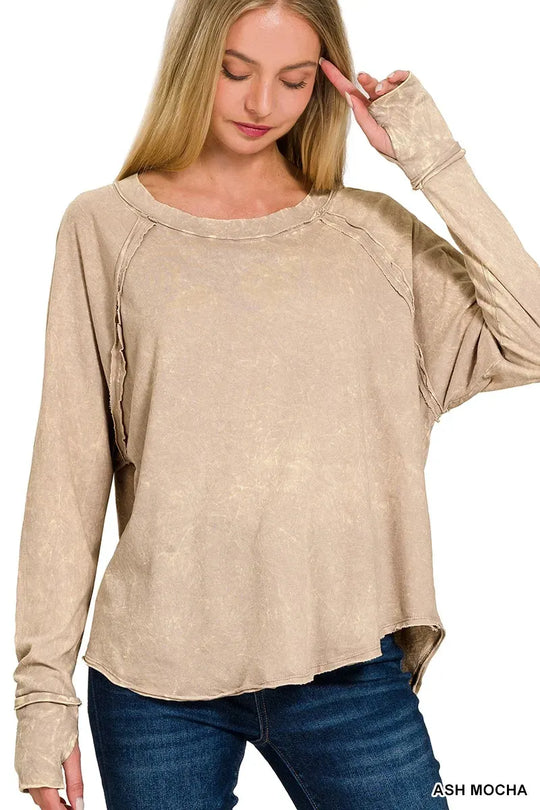 Another view: Crinkle Washed Thumb Hole Cuffs Long Sleeve Top