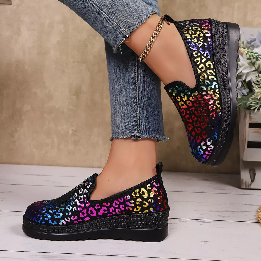 Women's Leopard Print Wedge Slip-On Shoes – Round Toe Low Heel Comfort Mules